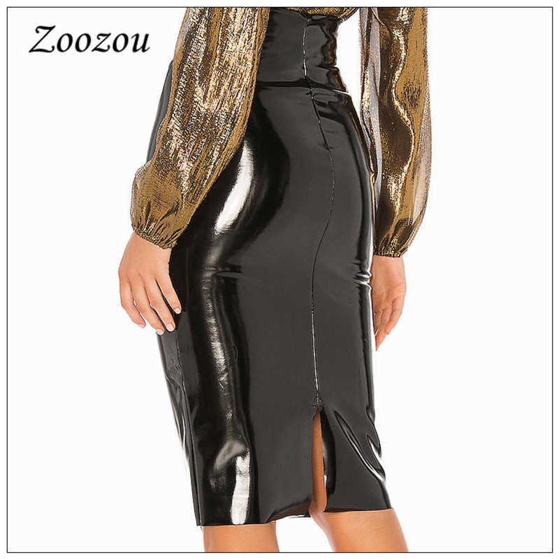 High Waist Latex Patent Leather Pencil Skirt Women Elegant Back Slit Hem Office Lady Pu Knee Length Custom 210619
