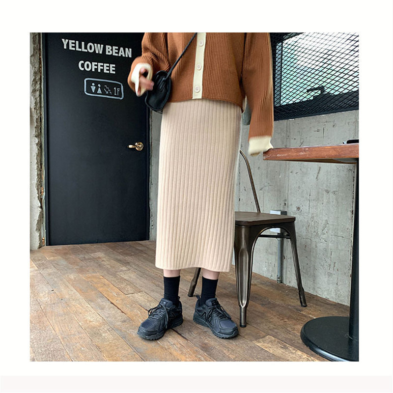 Stylish Vintage Sweet Winter Brief Elastic Waist Women High Quality Casual Slim Knitted Split Skirts 210421