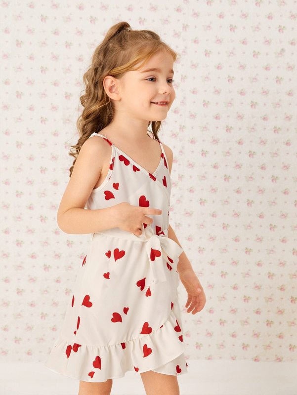 Toddler Girls Heart Print Ruffle Hem Cami Dress SHE R250424