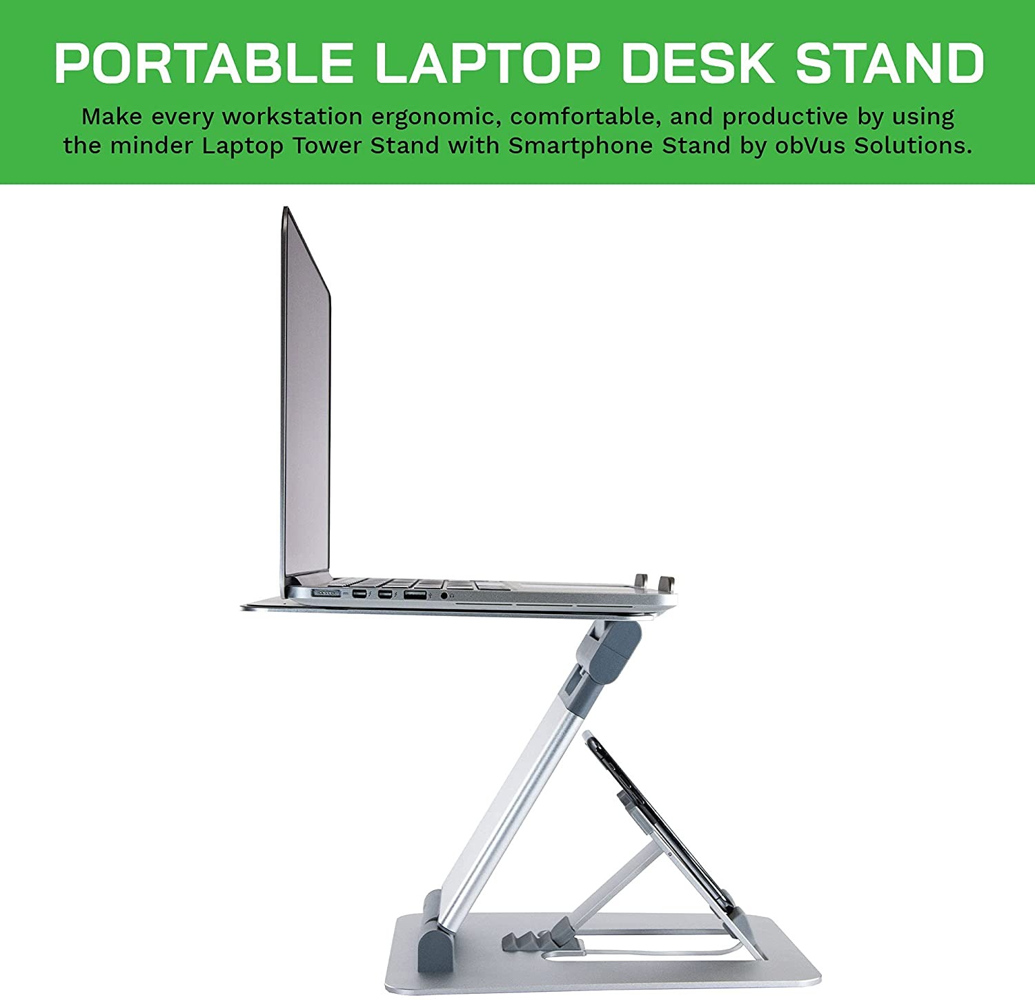minder Laptop Tower II Stand with Integrated Smartphone Stand, Portable Laptop and Phone Stand, Foldable Laptop Stand, Ergonomic Stand