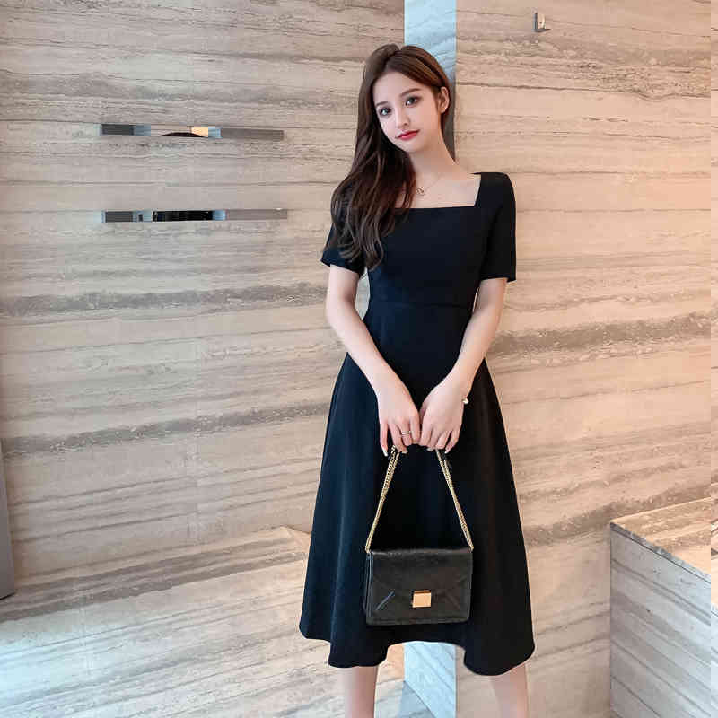 Summer Women Elegant Hollow Out Waist Belted Dress Female Casual Vintage Slim Square Collar Midi Temperament 210506