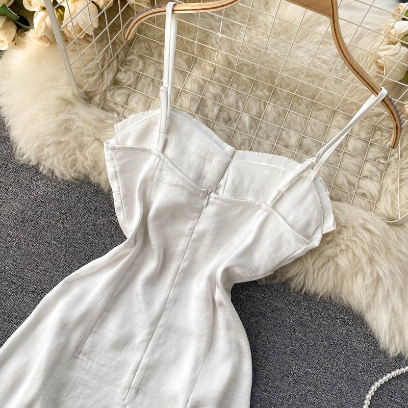 White High Waist Spaghetti Strap Women Vestidos Beach Style Square Collar Korean Dress Slim Bodycon Sexy Femme Robe 28161 210519