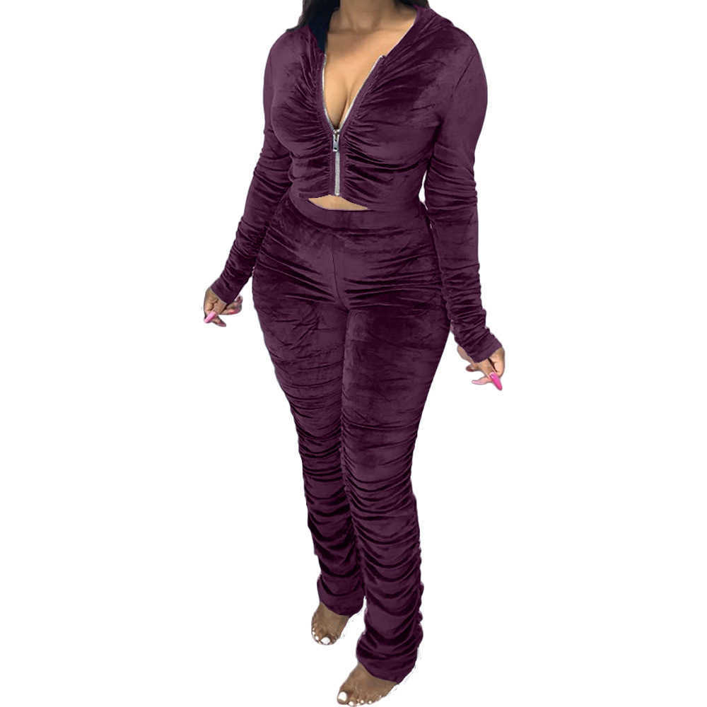 Selling Pleated Two Piece Suit Women's Long Sleeve Zipper Hooded Top+Elastic High Waist Pants Autumn Winter Casual Set 210604
