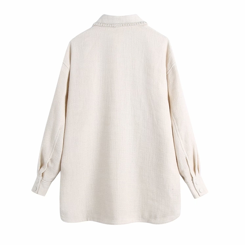 Elegant Women Beige Woolen Coats Fashion Ladies Turn Down Collar Pocket Outerwear Sweet Female Chic Pearl Jackets 210430