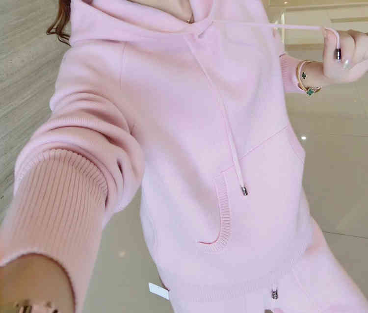 Autumn Winter Pink Two Piece Set Casual Chic Hooded Knitted Sweater Tops And High Waist Wide Leg Pants Women Tracksuit 210519