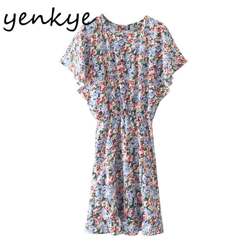 Multicolor Floral Print Dress Women O Neck Batwing Sleeve Elastic Waist Sundress Clothes Female Summer Casual Short Robe 210430