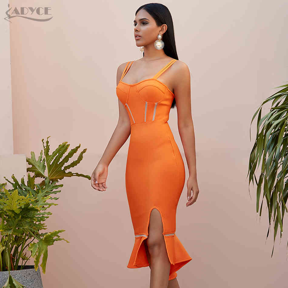 Summer Orange Mermaid Bodycon Bandage Club Dress Women Sexy Spaghetti Strip Split Celebrity Evening Party Dresses 210423