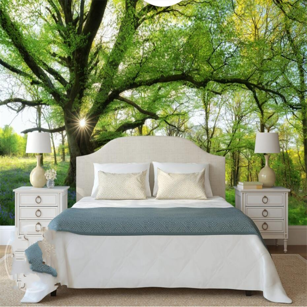 Fresh sunshine forest trees beautiful scenery wall custom large mural green wallpaper papel de parede para quarto