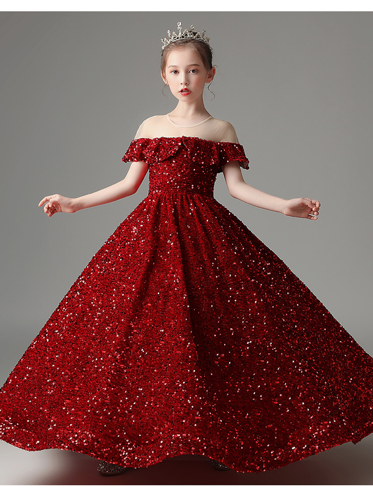 Eye Catching Burgundy Spakling Sequins Flower's Dresses Sheer Neckline Floor Length Ball Gown Girl's Party Dress
