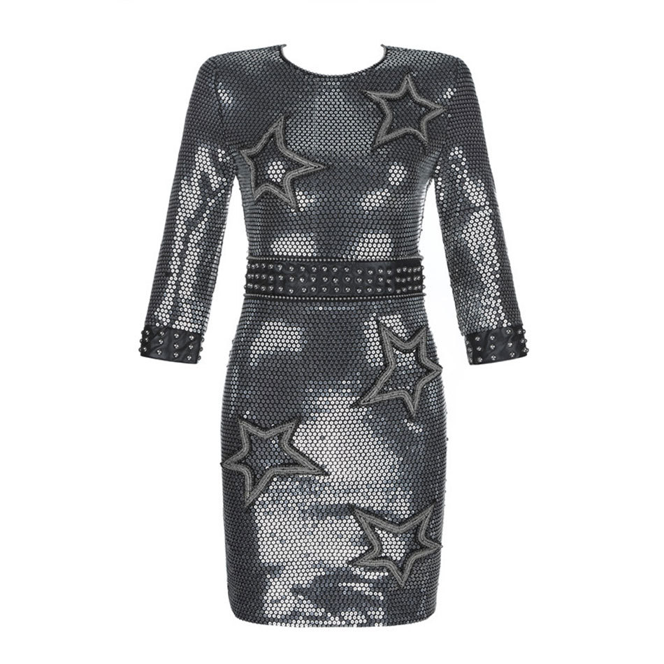 Free Women's Sequined Dress Sexy O-neck Bodycon Rivet PU Mini Black Sparkle Club Party es Vestidos 210524