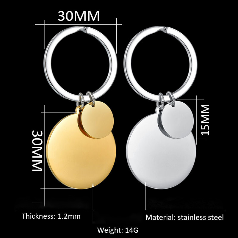 Gold/steel Stainless Steel Round Pendant keychain Blank Engravable Charm Double-sided Mirror Polishing Couple Key Chain 210409