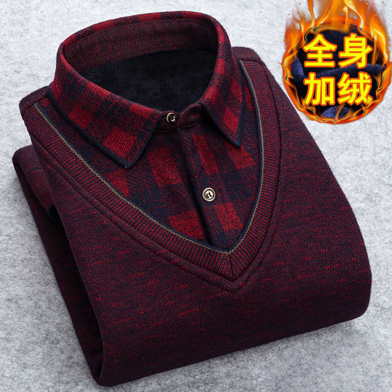 Autumn Winter Man Fleece Shirt-collar Sweater Fashion Grid Solid Thicken Warm Sweater Male Plus Velvet thicken Sweater M-3XL 211008