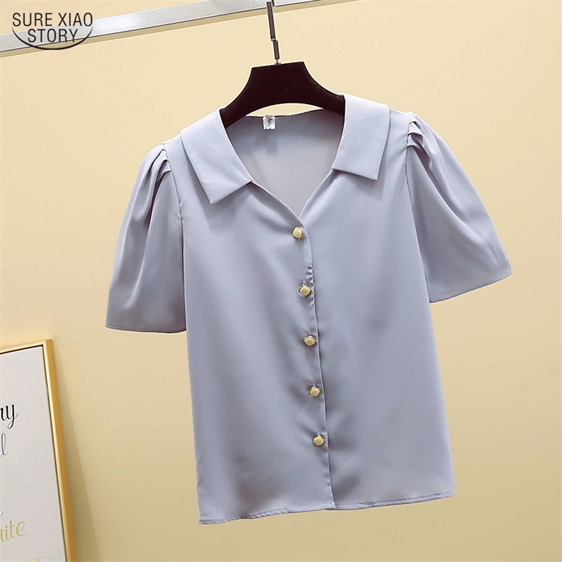 Vintage Puff Sleeve V-neck Office Lady Tops Korean Womens and Blouses Solid Short Summer Cardigan Shirts Blusas 9882 210506