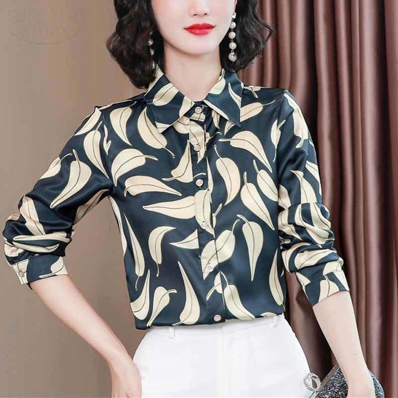 Silk Shirt Autumn Women Plus Size S-4XL Leaves Print Blouses Clothes Fashion Long Sleeve Shirts Blusas Mujer De Moda 10724 210518