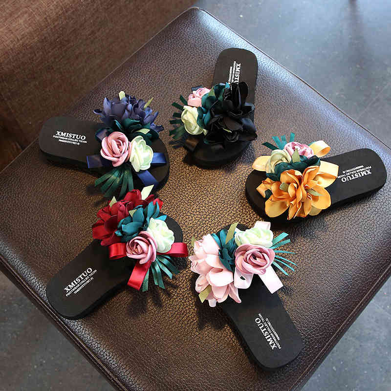 2021 Shoes Woman Platform Flip Flops Flower Sandals Beach Shoes Kids Home Slippers Flat Parent-child Footwear House Y0427