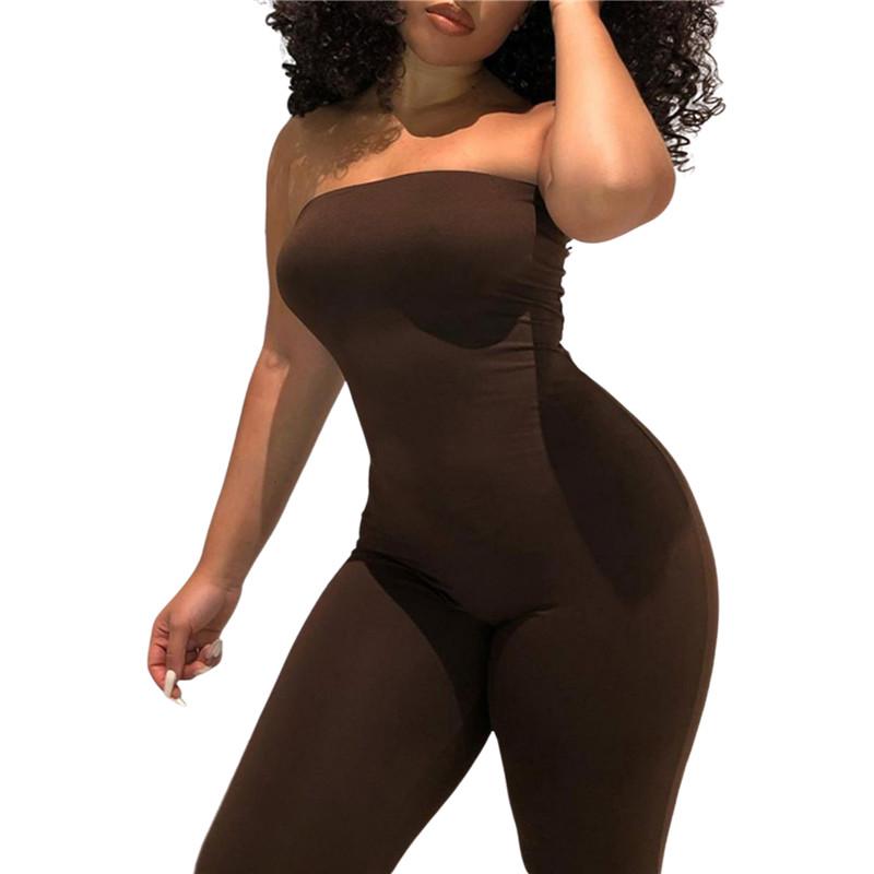 Women Slim-fitting Jumpsuit Summer Wrap Chest Off-the-shoulder Sleeveless Sexy One-piece Bodysuit Skinny Romper Black/Grey/Brown Women's Jum