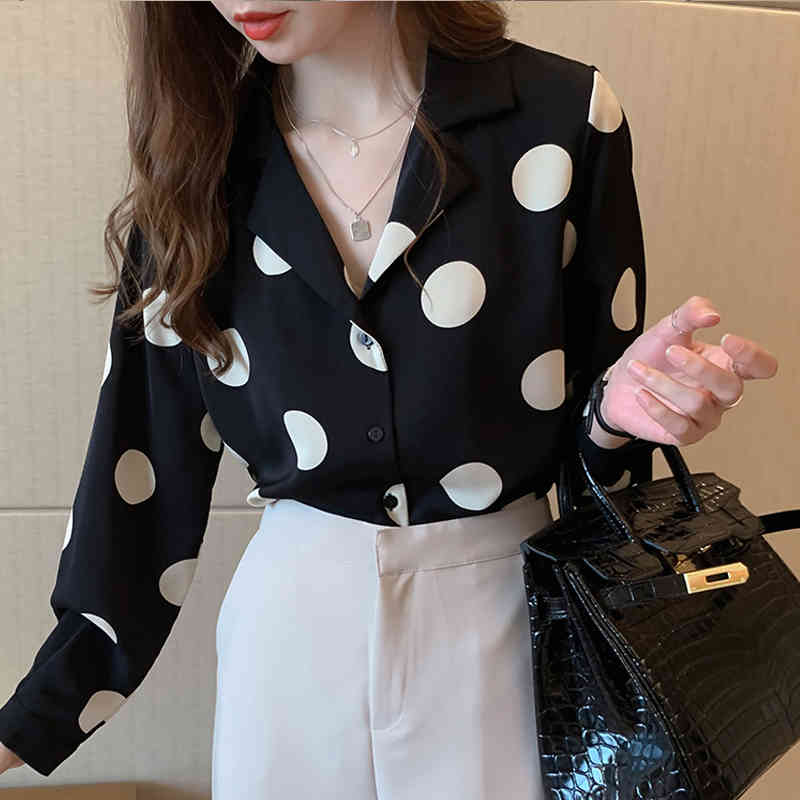 Blusas Mujer Spring Long Sleeve Polka Dot Chiffon Blouse Women HK Style Retro Elegant Slim-fit Tops 8767 50 210427