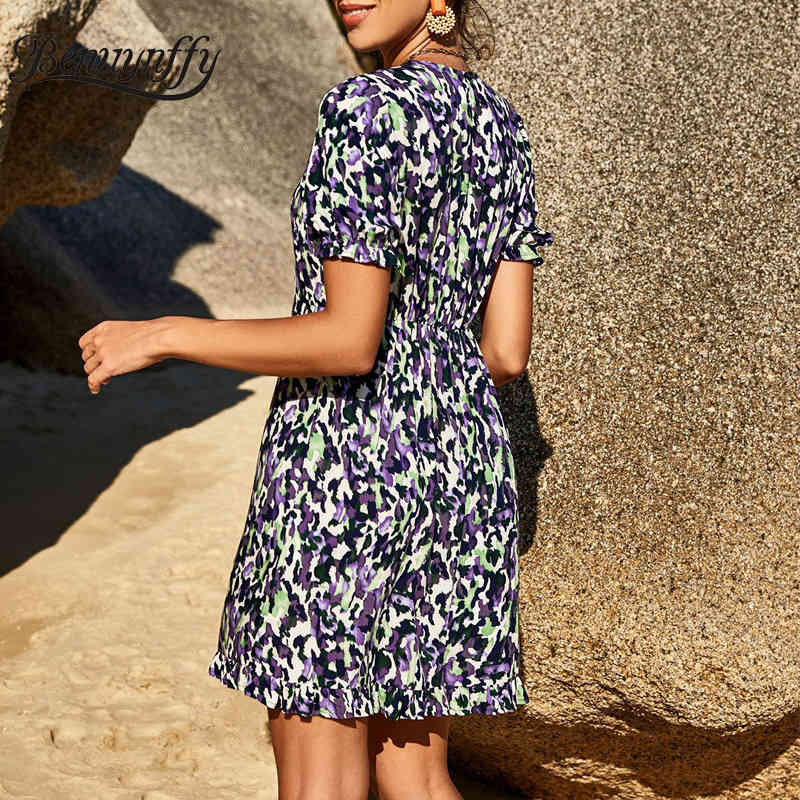 Crew Neck Frill Trim Hem Short Sleeve Dresses Women Fashion Casual Summer High Waist Female Print Mini Dress 210510
