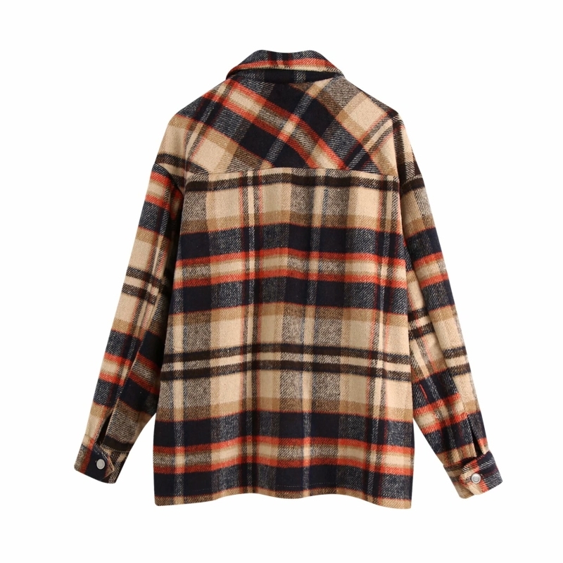 vintage plaid women wool coats autumn fashion button-fly ladies shirts casual pockets female coat girls 210430