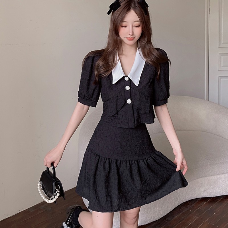 Summer Women Two Piece Set Casual Sweet Turn Down Collar Single Breasted Crop Tops + High Waist A-line Mini Skirt Outfits 210519