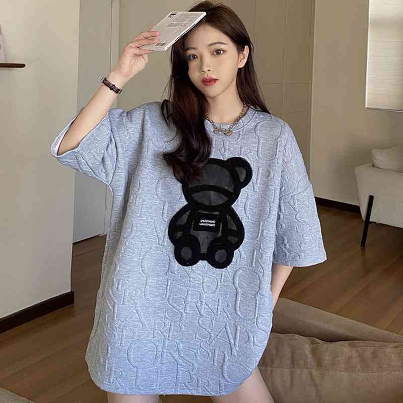 Women's T-shirts Harajuku Kawaii Girls Plus Size Tops Letter Jacquard O-neck Short Sleeves Loose Summer Tshirt Bear White Tees 210406