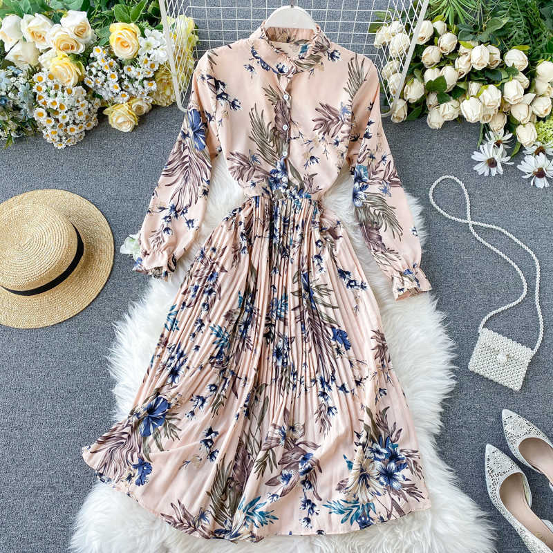 Holiday Women Fashion Autumn Dress Lady Stand Collar Thin Long Sleeve Pleated Printed Vestidos K597 210527