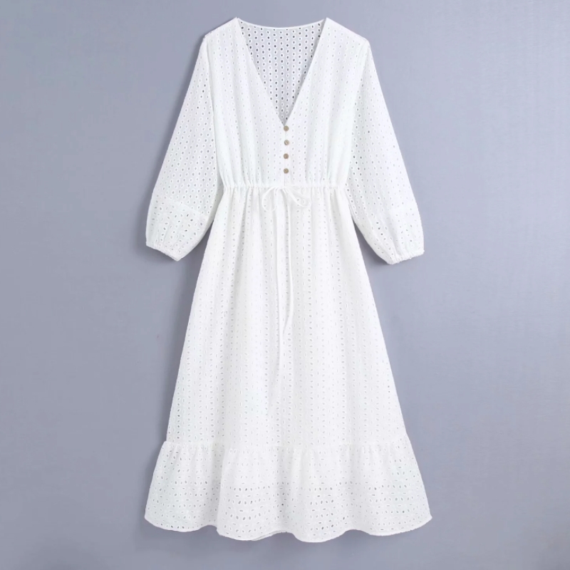 Spring Women Hollow Embroidery V Neck Midi Dress Female Three Quarter Sleeve Clothes Casual Lady Loose Vestido D7501 210430