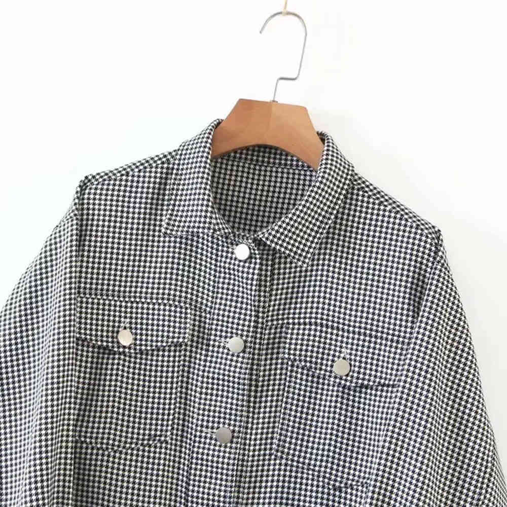 BBWM Spring Drop Shoulder Check Plaid Short Jacket Vintage Women Lapel Pockets Single Breasted Draped Outerwear 210520