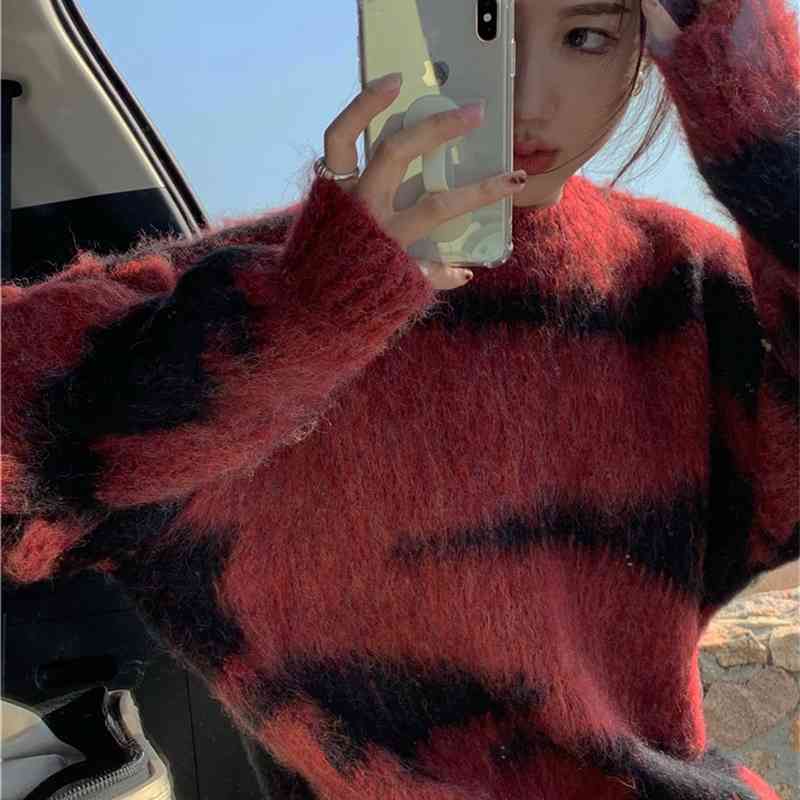 2 Colors autumn and winter casual mohair knitted sweaters womens stripe soft sweaters and pullovers womens (R99461) 210423