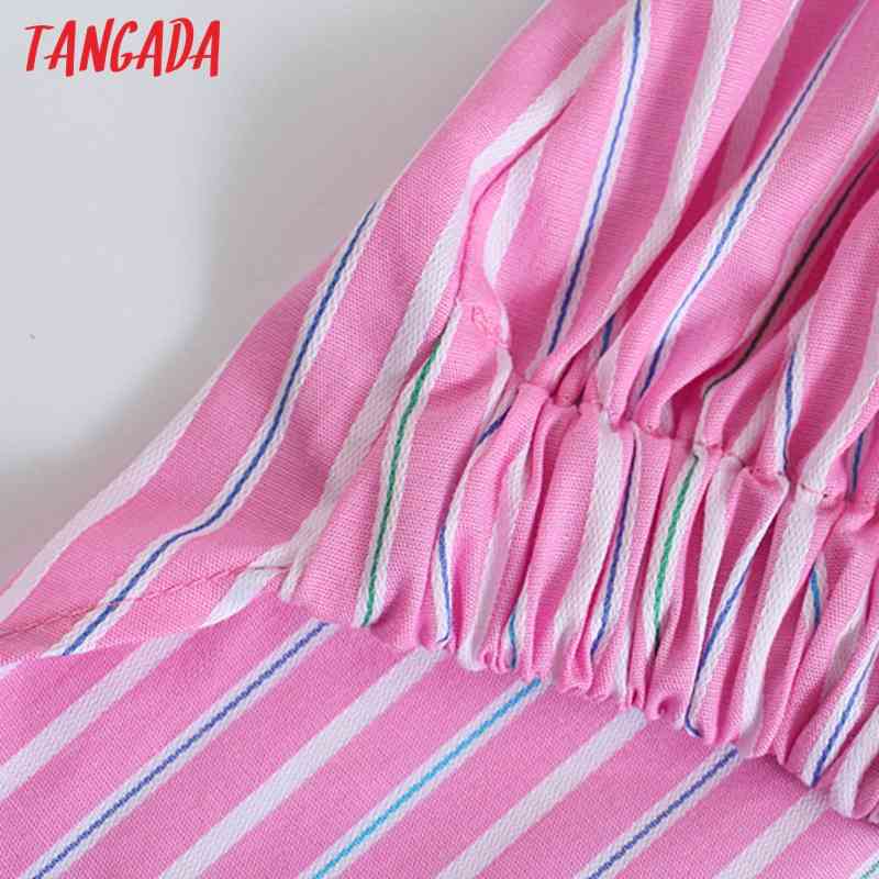 Women Vintage Pink Striped Print Crop Long Sleeve Chic Female Casual Shirt JE23 210416