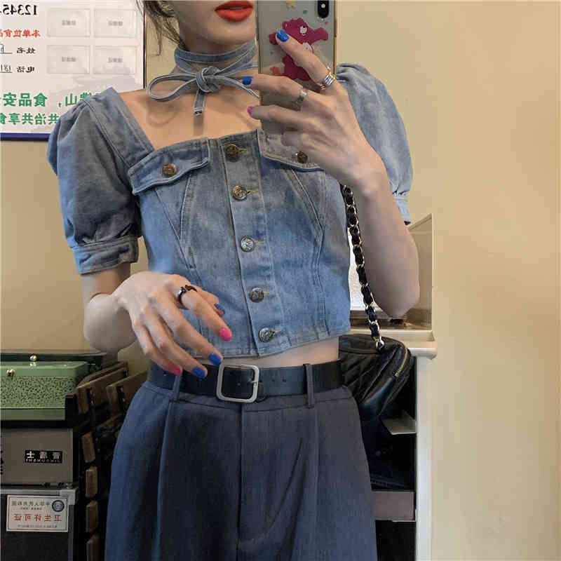 SML summer mini dress korean style solid color square collar denim dress womens puff short sleeve jeans dresses (J1205) 210423