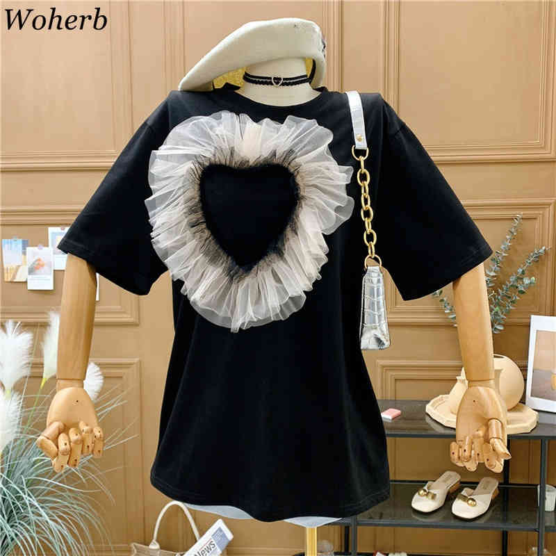 T-shirt Women's Short Sleeve Summer Tees Love Gauze Patchwork Basic Shirts Korean Loose O Neck Chic Tops Femme 4i450 210519