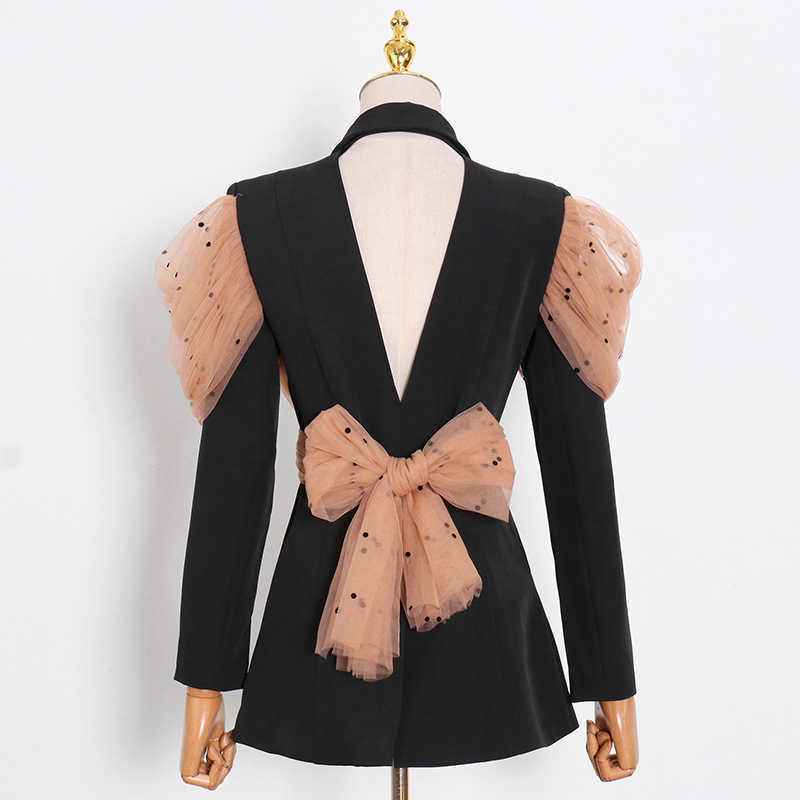 TWOTYLE Casual Hollow Out Blazer For Women Notched Long Sleeve Patchwork Mesh Hit Color Blazers Female Fashion 210930
