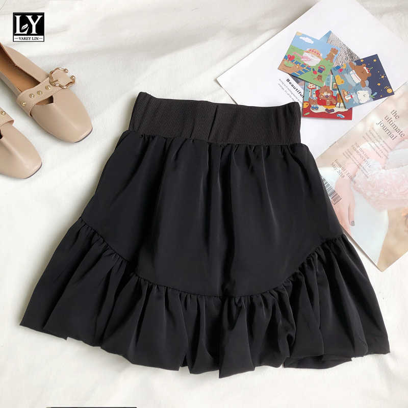 LY VAREY LIN Summer Sweet Female Solid Color White A-line Bubble Skirts Women Casual High Waist Irregular Fold Mini 210526