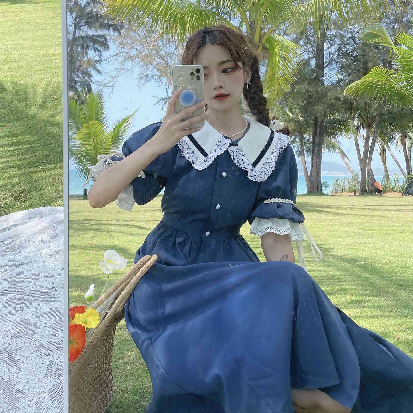 French Vintage Dresses Women Fashion Lace With Doll Collar Short Sleeve Elegant Single-Breasted Chiffon Dress Females 210519