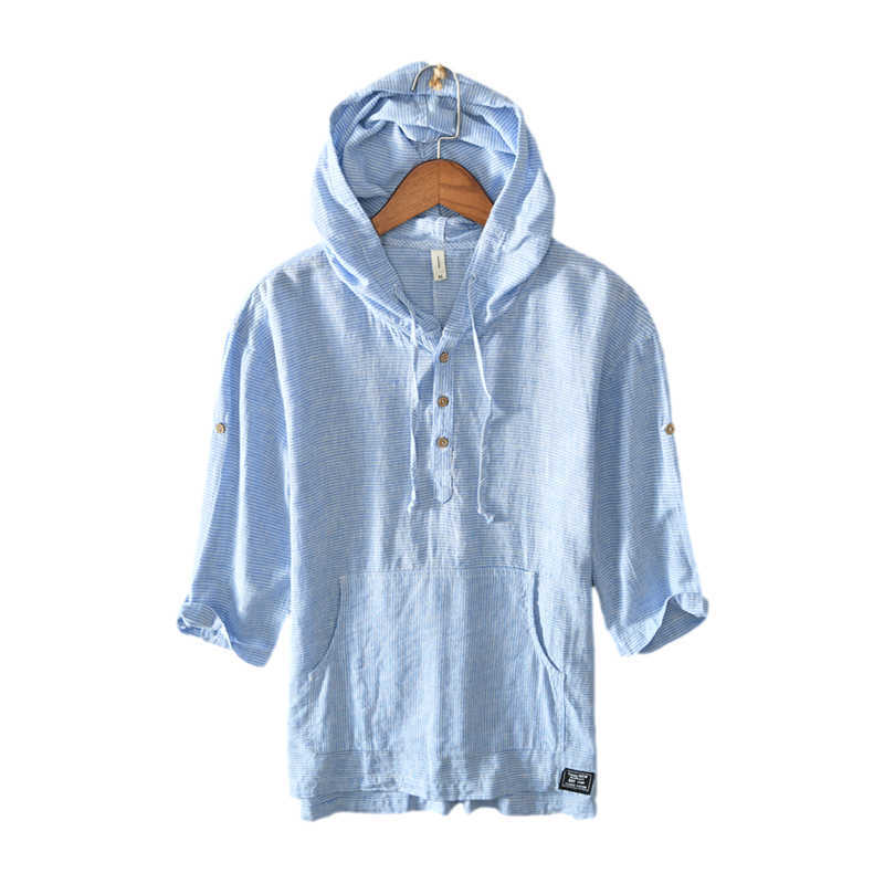 Hooded Short Sleeve T-Shirt for Men Cotton Linen Striped Casual Tops Summer Male Fashion Japan Style Tees Thin Clothes 210601, Khaki
Hooded Short Sleeve T-Shirt for Men Cotton Linen Striped Casual Tops Summer Male Fashion Japan Style Tees Thin Clothes 210601, Khaki