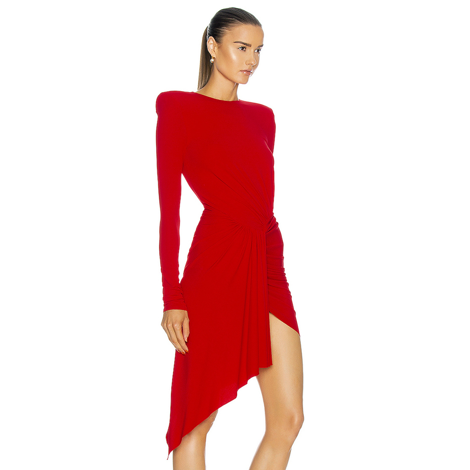 Free Women Red Dress Sexy O-neck Long Sleeve Bodycon Irregular Draped Celebrity Club Party Mini Vestido 210524