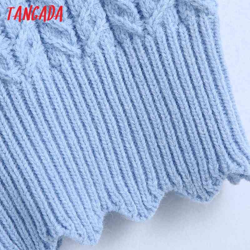 Women Fashion Blue Twist Crop Knitted Vest Sweater Vintage O Neck Sleeveless Female Waistcoat Chic Tops BE464 210416