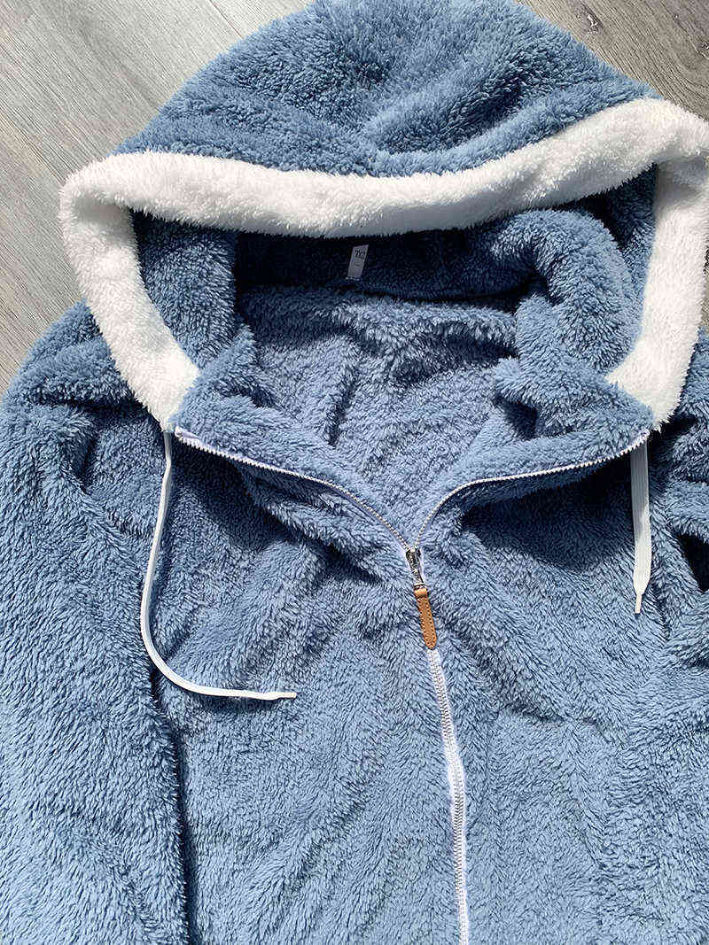 Fashion Women's Winter Jacket Plush Patchwork Zipper Pocket Hooded Solid Jackets Women Retro Loose Long Sleeve Plus Size Coat 211123