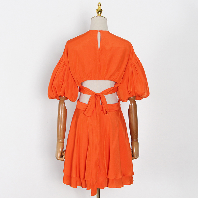 Women Dress Lantern Sleeve Bandage Vintage Sexy Dresses Irregular Hollow Out Summer Short Fashion 210513