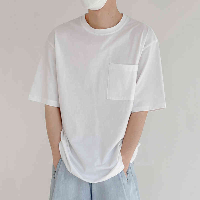 IEFB Small Pocket Solid Color Short Sleeve Men's Round Neck Simple Loose T-shirt Summer Causal Black Tee Tops 9Y7581 210524