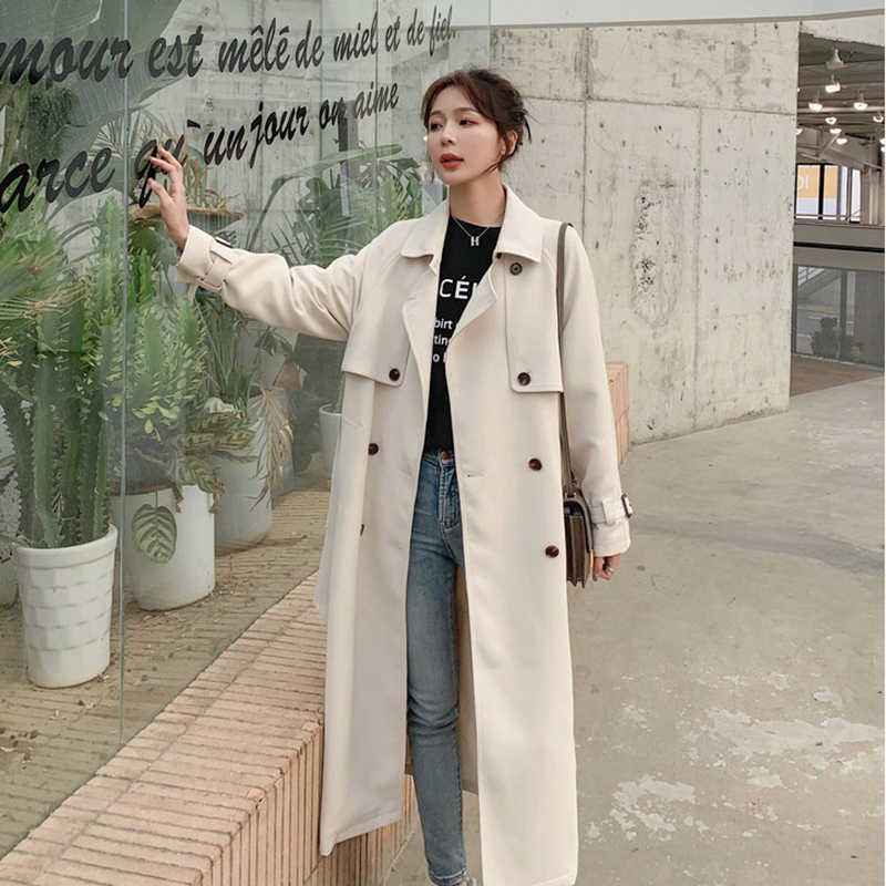 DEAT Trench Coat Women elegant Stand Collar With Belt Pick Hip Solid Beige High Street Autumn Fashion TU159 210820