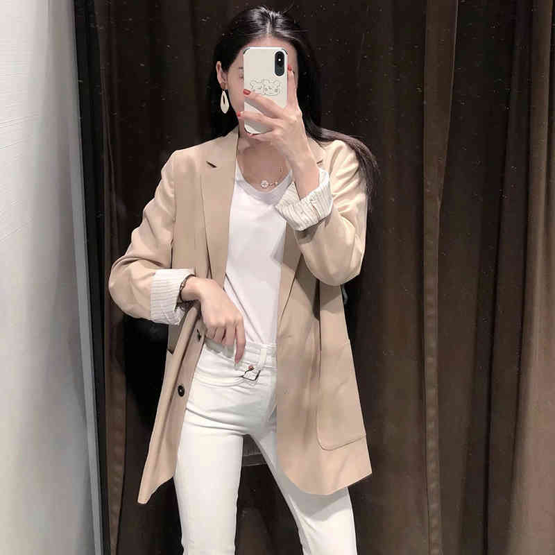 Women Solid Casual Office Wear Blazer With Pockets Long Sleeve Single Breasted Jacket Coat Notched Collar Ladies Tops 210414