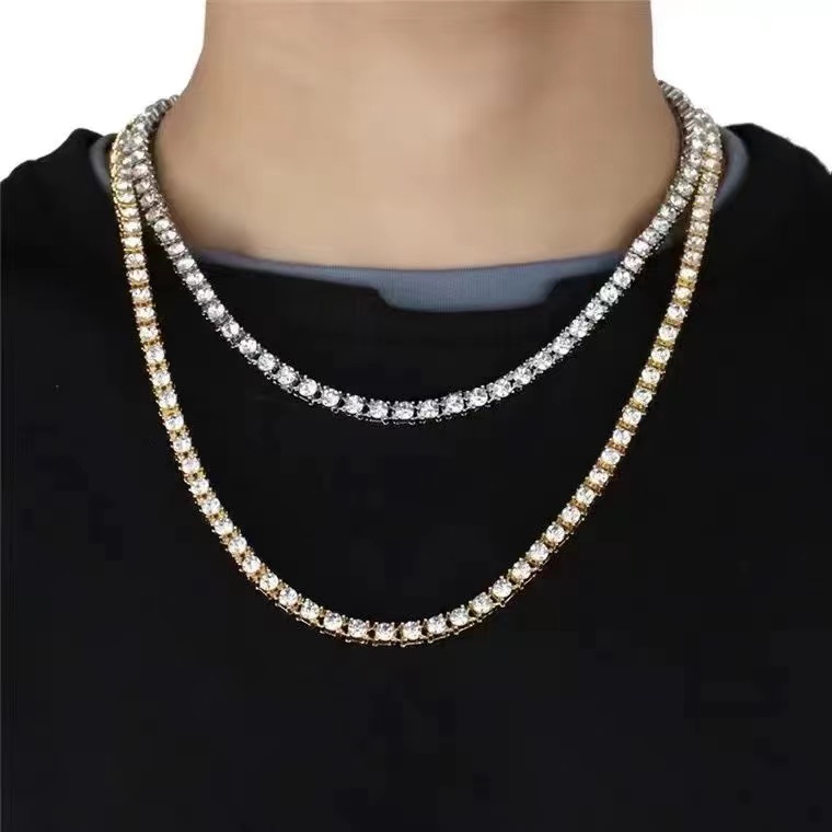 European and American hip hop full diamond single row chain necklace men fashion gold/silver titanium ice necklaces