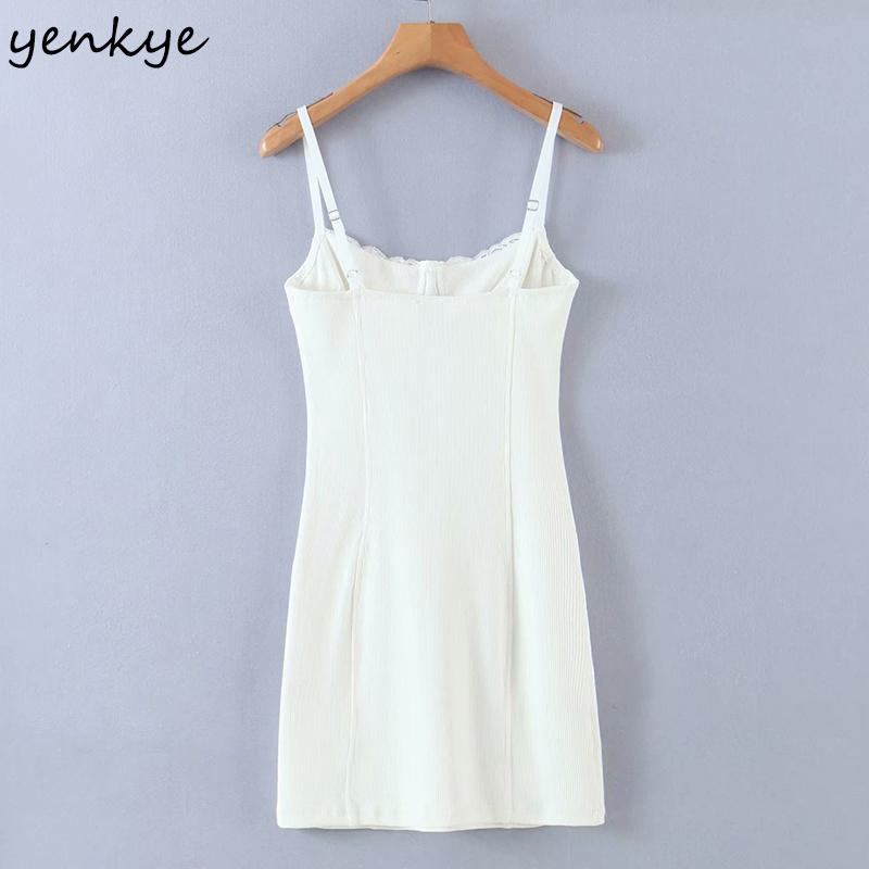 YENKYE Romantic Lace Trim Knit Sling Sexy Dress Women Sleeveless Bodycon Mini Dress Female Summer White Night Out Party Vestido 210515