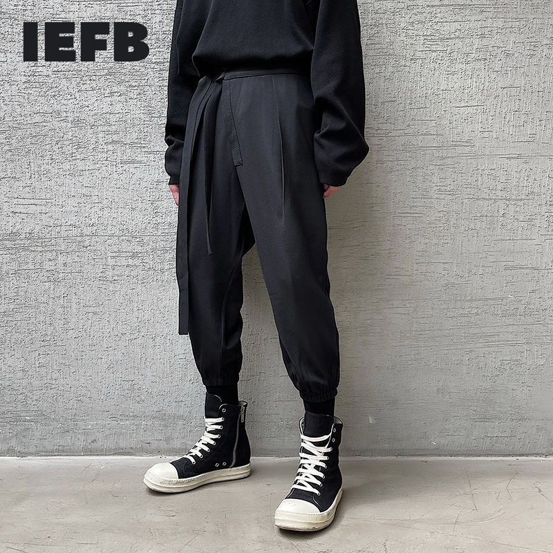 IEFB Men's Causal Black Trousers Irregular Side Bandage Blackcasual Pants For Male Spring Summer Turnup Pants 9Y6696 210524