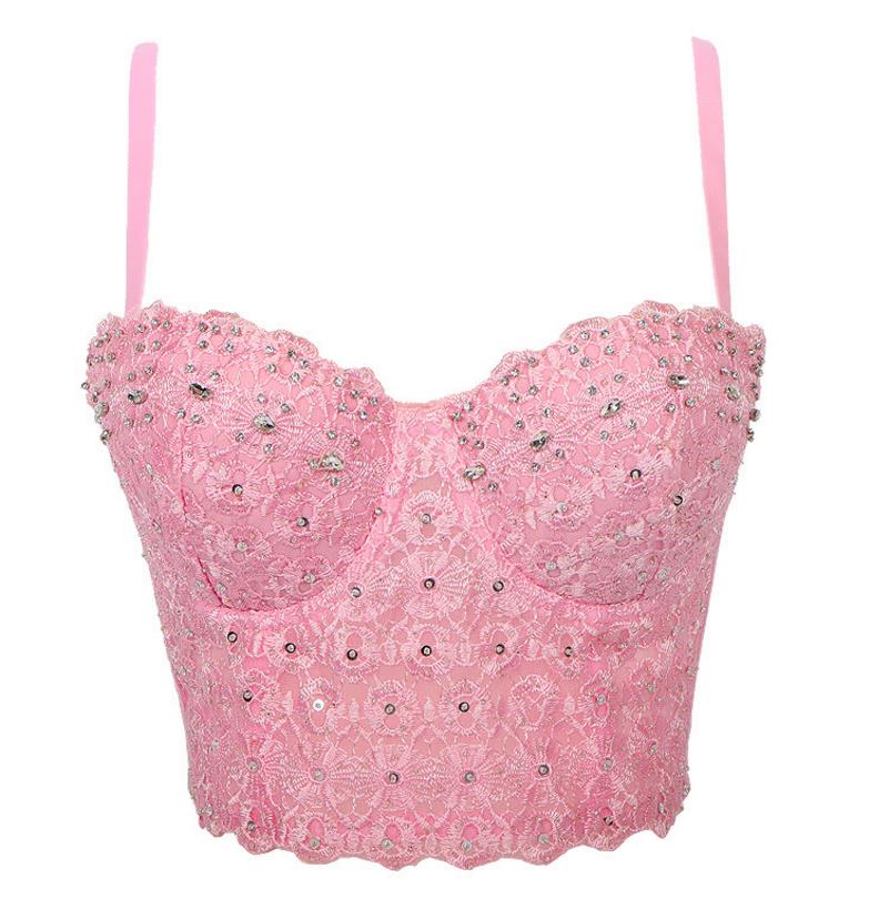 Women's Lace Rhinestone Bustier Crop Top Camis Clubwear Sexy Mesh Corset Push Up Bra Fashion Tanks Champagne Black White XS-L