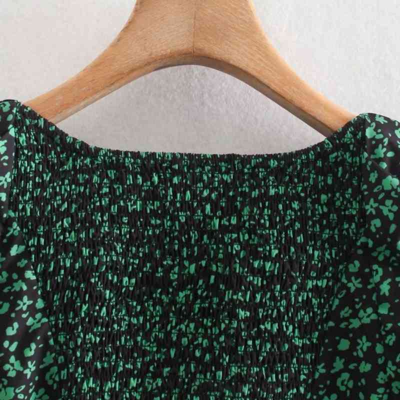 Women Green Flower Print Square Collar Slim Mini Dress Female Long Sleeve Clothes Casual Lady Vestido D7607 210430