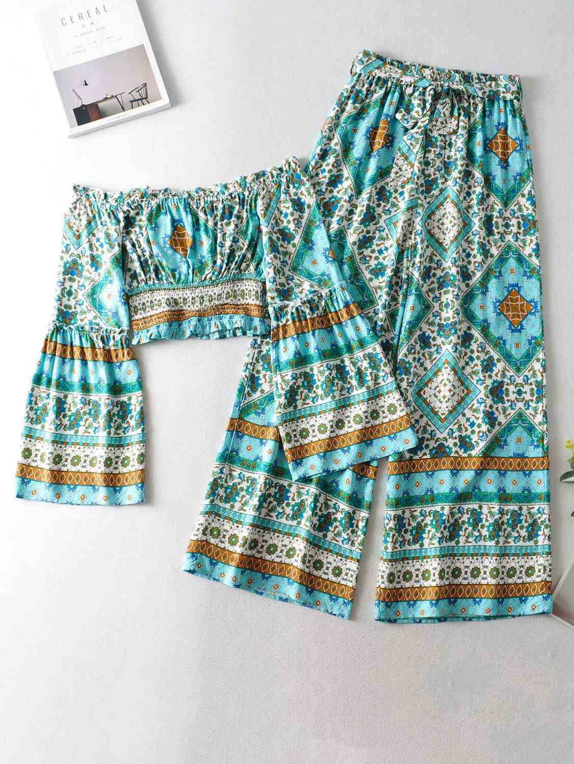 Bohemian Ruched Elastic Slash neck floral Print Pullover Shirt Holiday Women Tide Bow Waist Pants BOHO 2 Pieces Set 210429