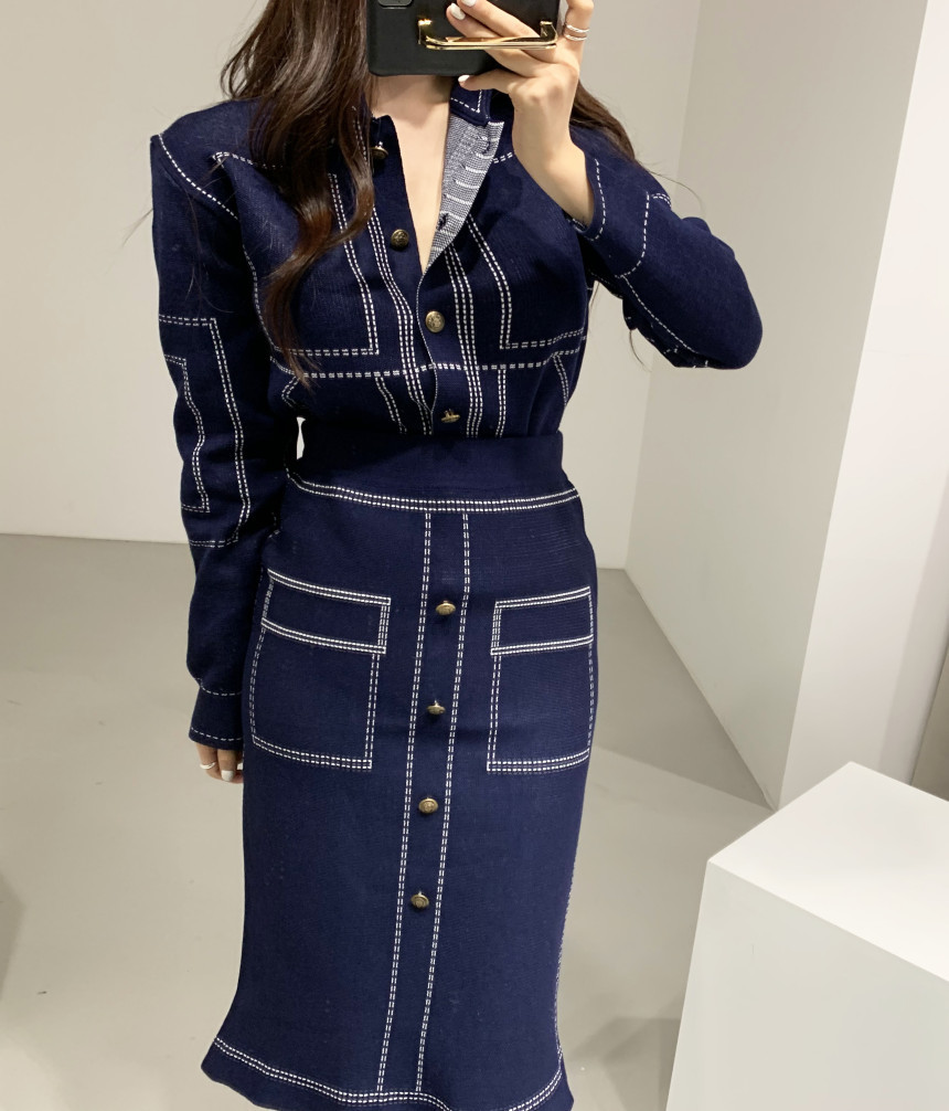 Two Pieces Single-Breasted Knitted Top +High Waist Color Matching Winter Casual Fashion Women Suit 210520